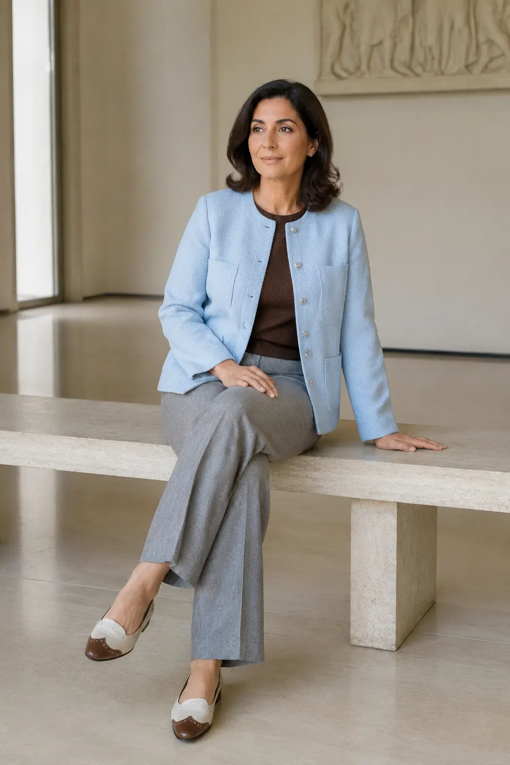 Powder Blue Blazer and Grey Wide-Leg Trousers Outfit: powder blue blazer and grey wide-leg trousers in powder blue, grey and white.