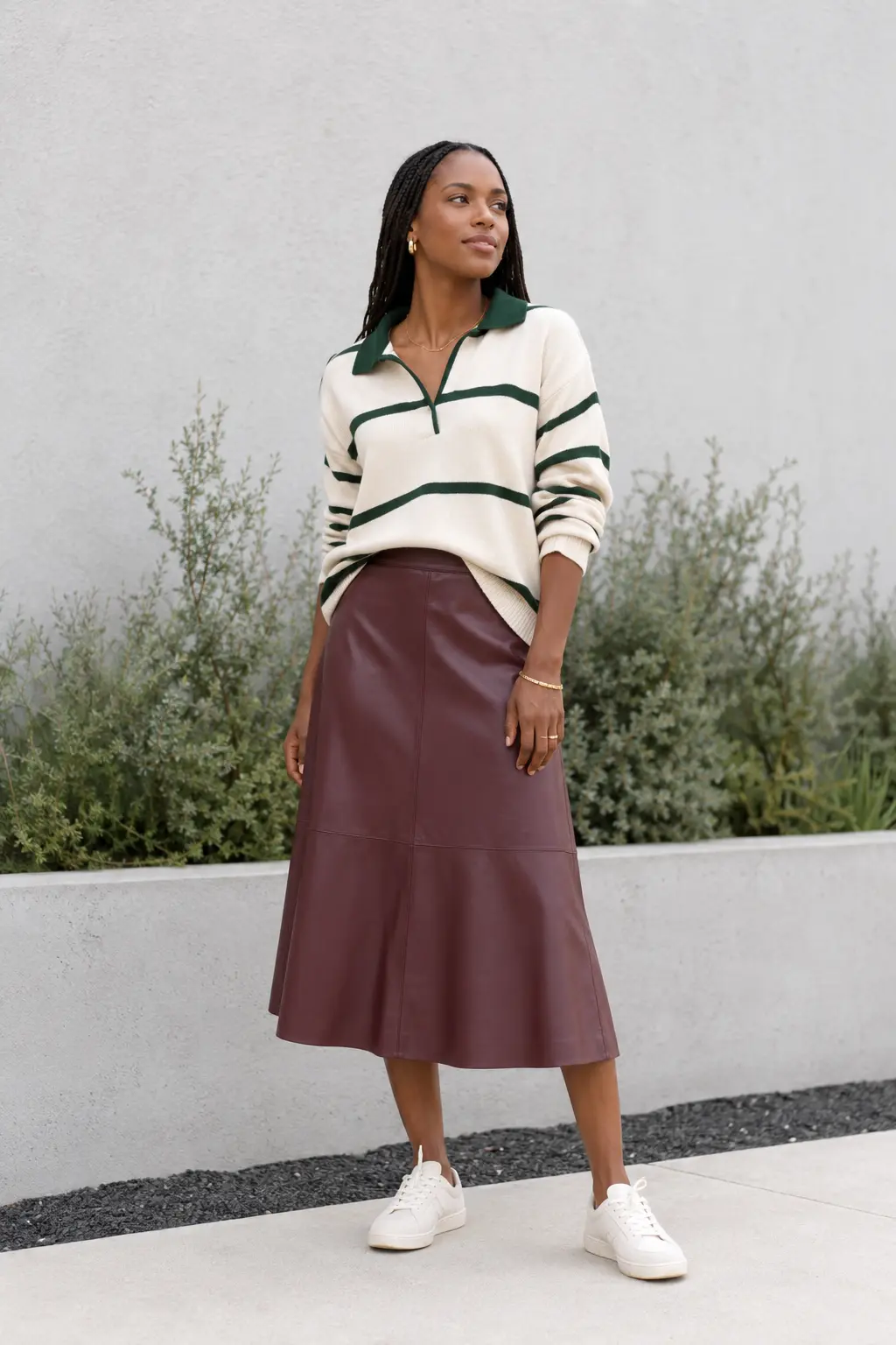 Striped Knit and Burgundy Midi Skirt Outfit: striped knit and burgundy midi skirt in ivory, forest green and burgundy.
