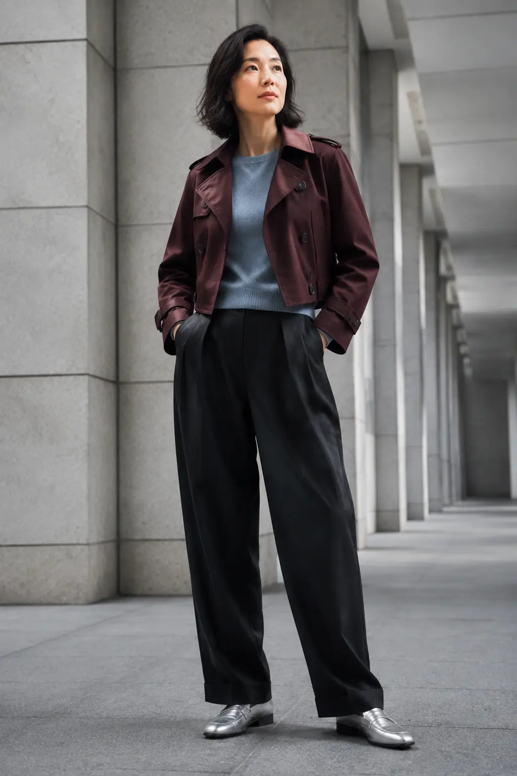 Oxblood Leather Jacket and Black Wide-Leg Trousers Outfit: oxblood leather jacket and black wide-leg trousers in oxblood, black and grey.