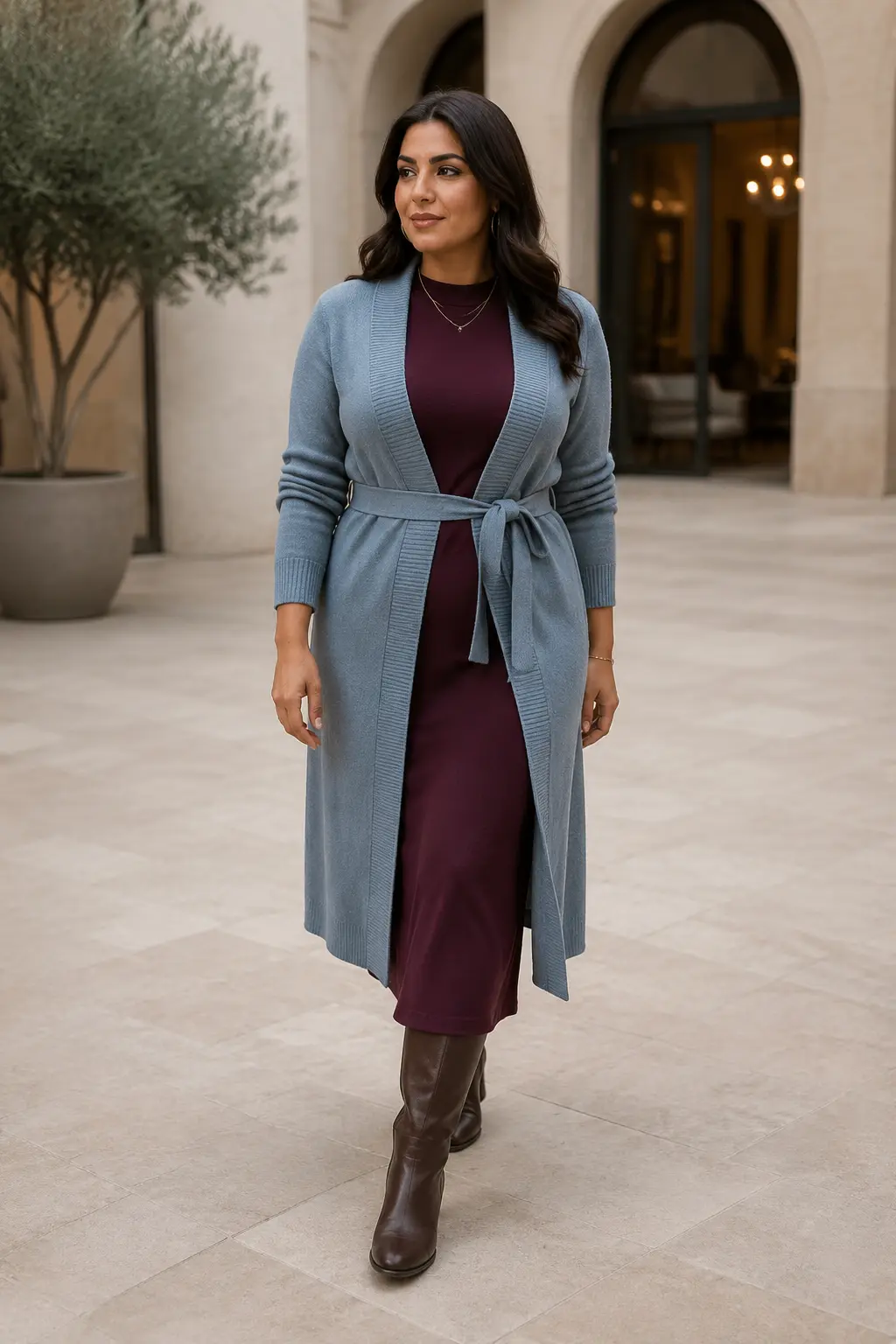 Powder Blue Coat and Burgundy Column Dress Outfit: powder blue coat and burgundy column dress in powder blue, burgundy and grey.