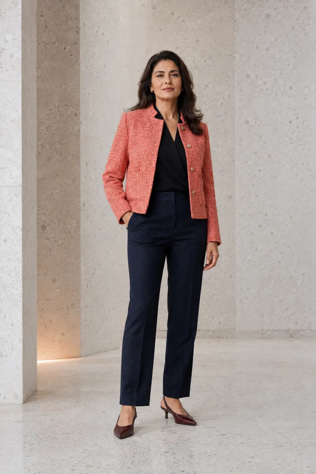 Coral Blazer and Navy Ankle Trousers Outfit: coral blazer and navy ankle trousers in coral, navy and ivory.