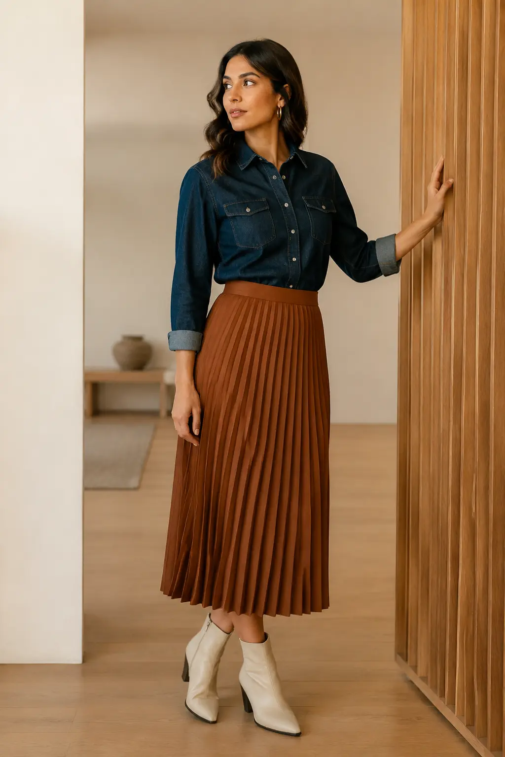 Teal Blouse and Rust Pleated Midi Skirt Outfit: teal blouse and rust pleated midi skirt in teal, rust and black.