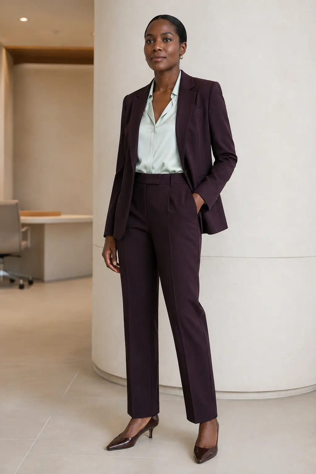 Plum Trouser Suit and Ivory Blouse Outfit: plum trouser suit and ivory blouse in plum, ivory and black.