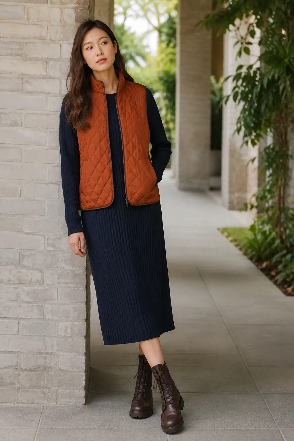 Rust Jacket and Navy Column Skirt Outfit: rust jacket and navy column skirt in rust, navy and blue.
