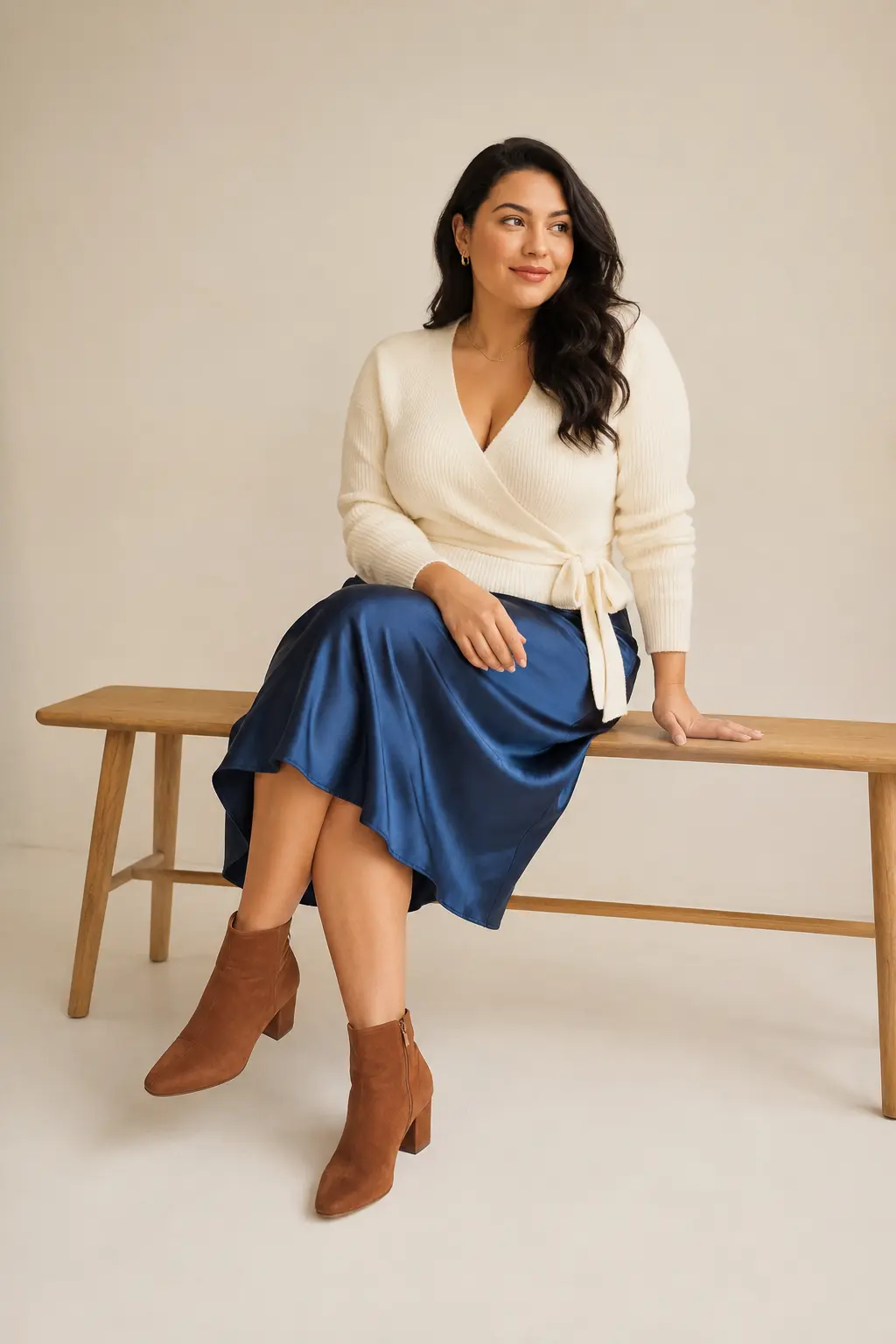 Ivory Wrap Blouse and Cobalt Pleated Skirt Outfit: ivory wrap blouse and cobalt pleated skirt in ivory, cobalt and tan.