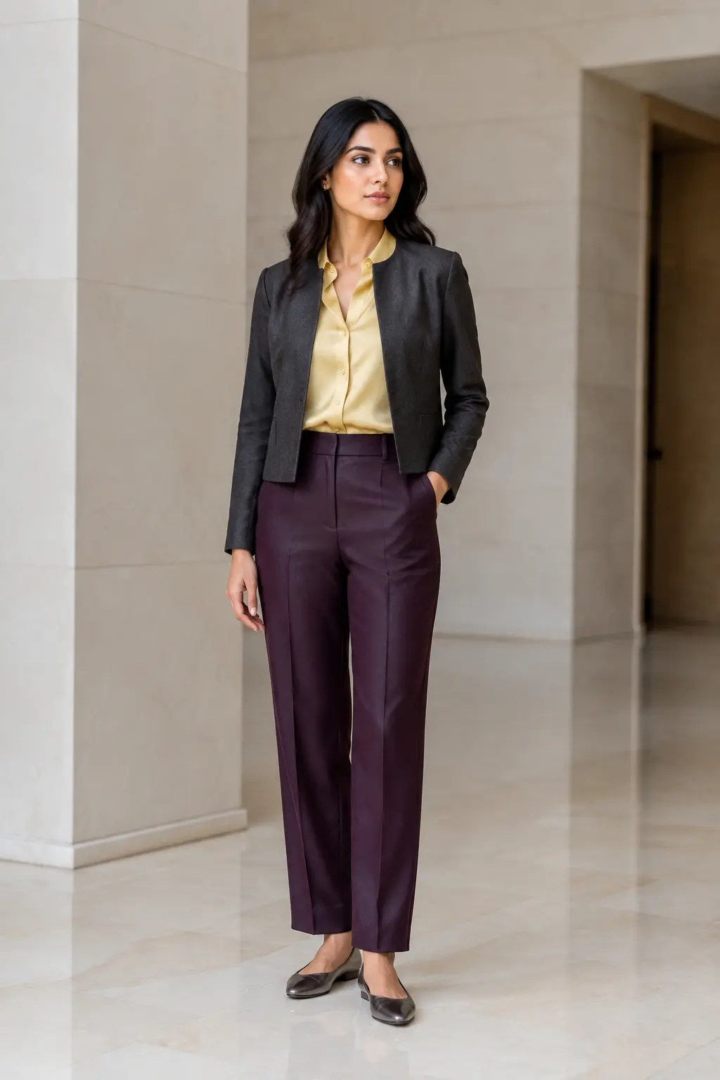 Navy Blazer and Plum Wide-Leg Trousers Outfit: navy blazer and plum wide-leg trousers in navy, plum and ivory.