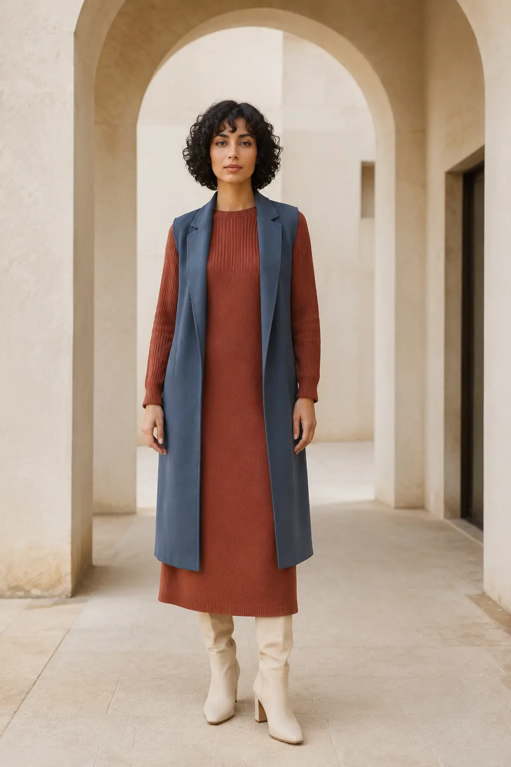 Blue Longline Coat and Rust Dress Outfit: blue longline coat and rust dress in blue, rust and chocolate.