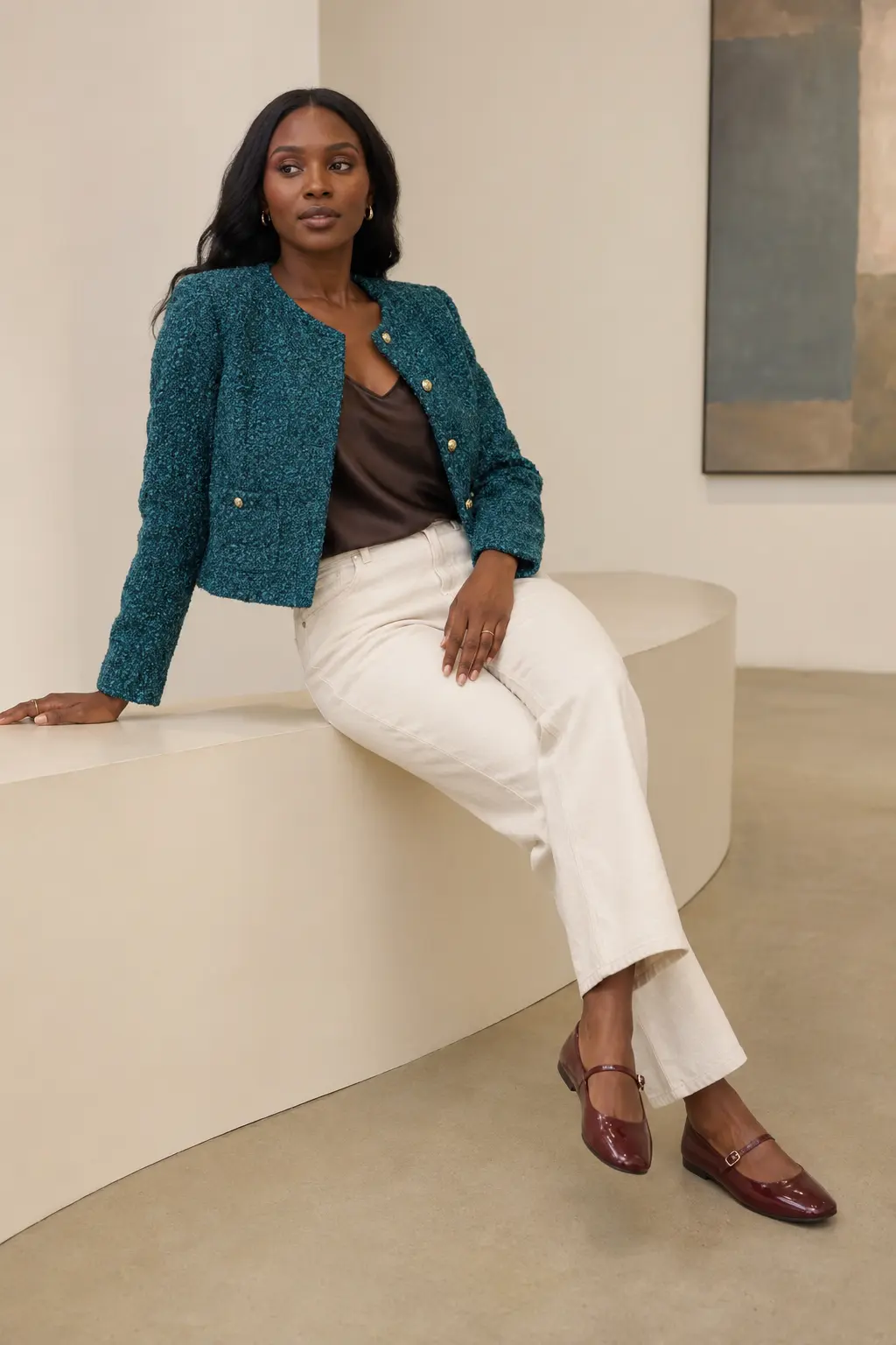 Teal Boucle Jacket and Ivory Trousers Outfit: teal boucle jacket and ivory trousers in teal, ivory and black.