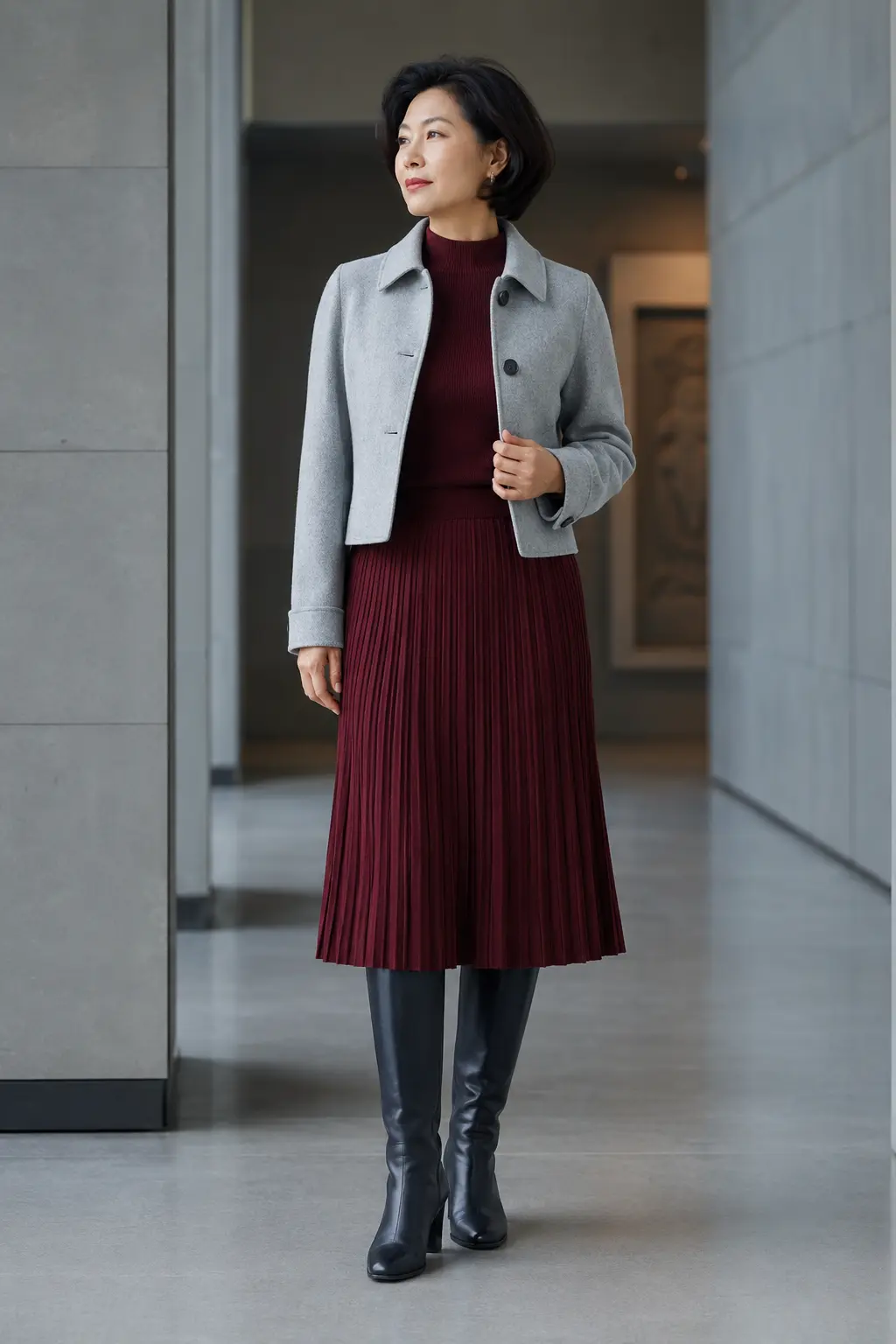 Grey Blazer and Burgundy Pleated Skirt Outfit: grey blazer and burgundy pleated skirt in grey, burgundy and ivory.