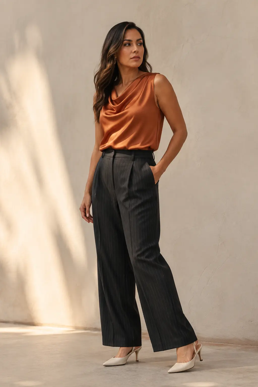 Copper Satin Blouse and Charcoal Trousers Outfit: copper satin blouse and charcoal trousers in copper, charcoal and black.