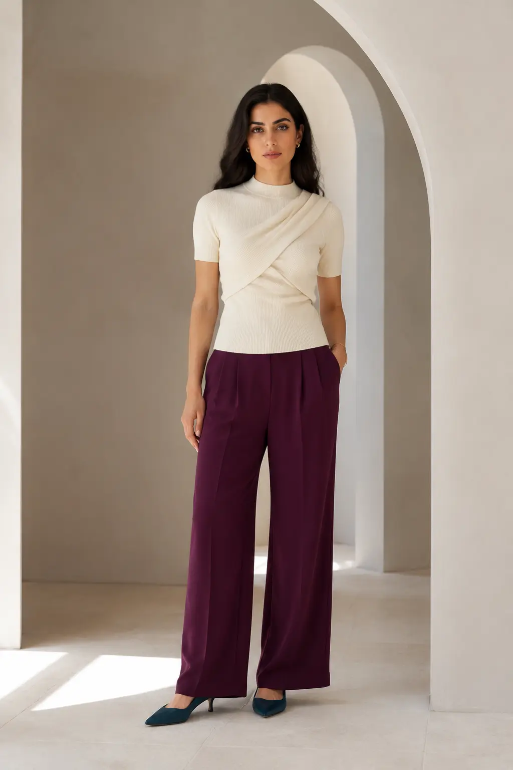 Ivory Turtleneck and Plum Wide-Leg Trousers Outfit: ivory turtleneck and plum wide-leg trousers in ivory, plum and black.