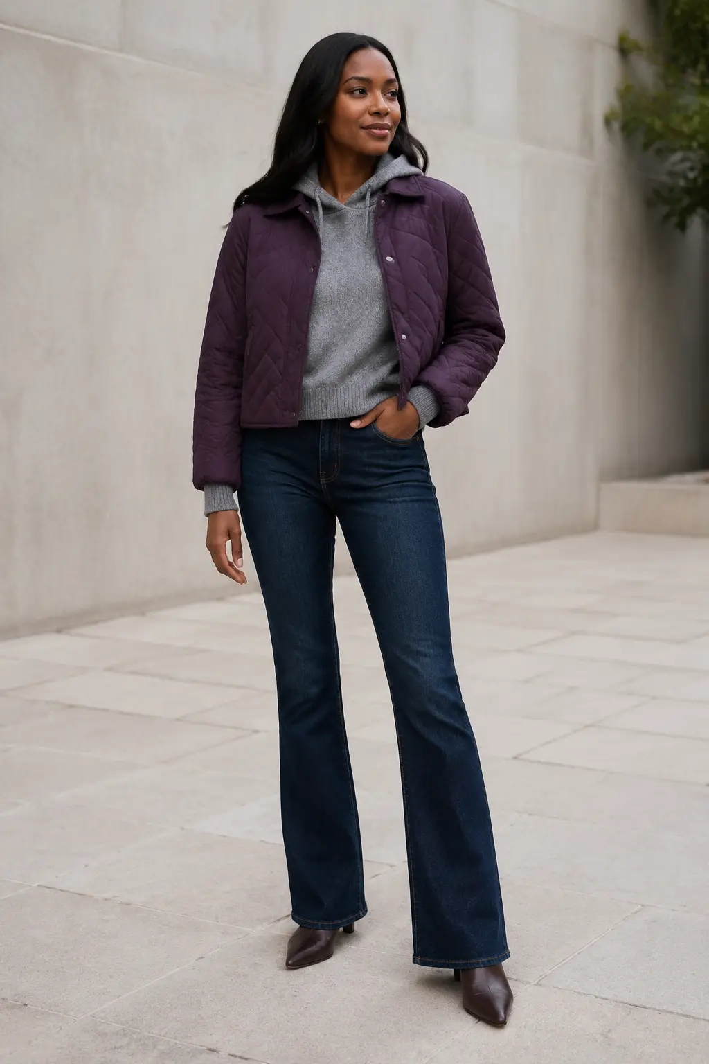 Plum Jacket and Dark Wide-Leg Jeans Outfit: plum jacket and dark wide-leg jeans in plum, indigo and grey.