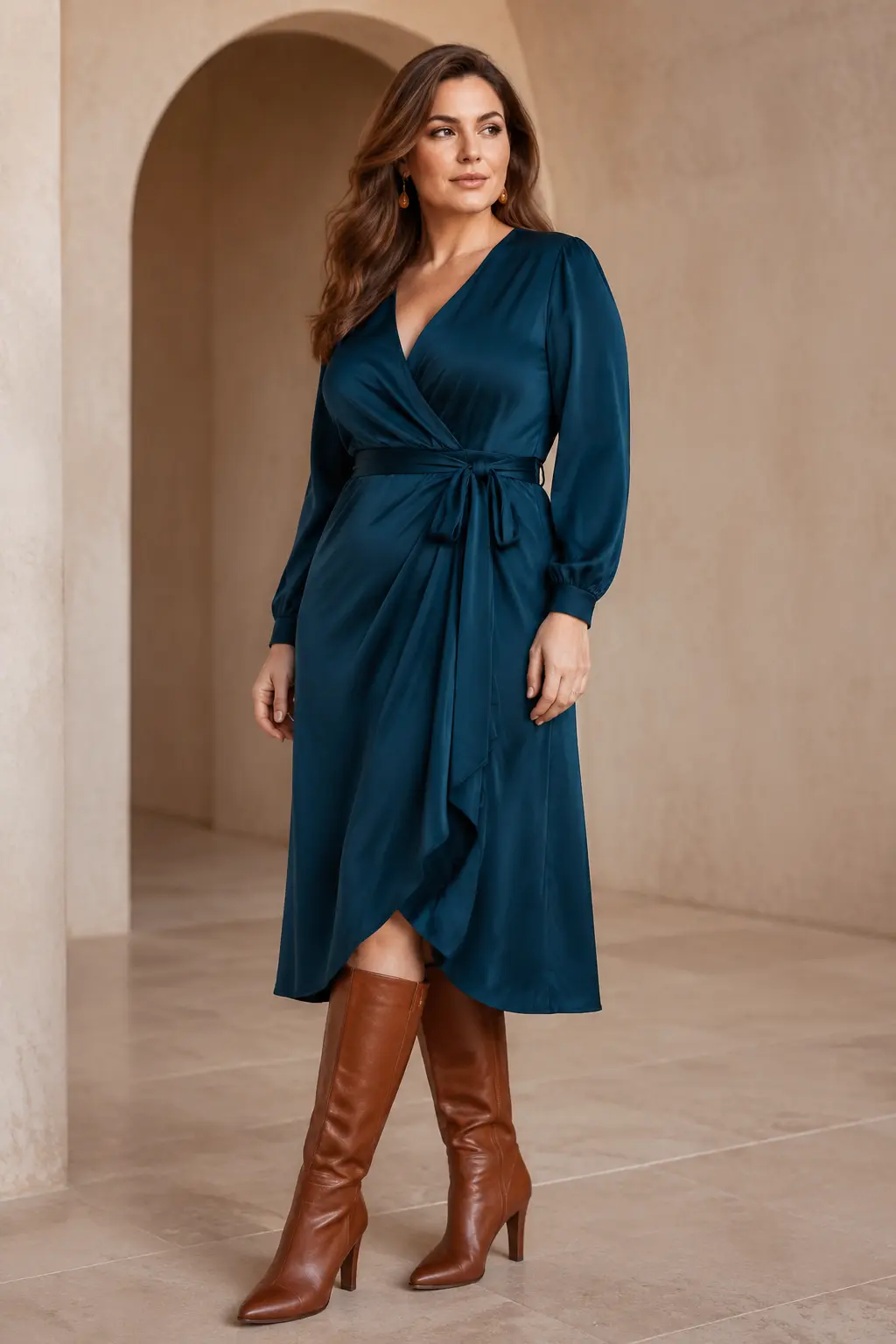 Teal Wrap Dress and Tall Brown Boots Outfit: teal wrap dress and tall brown boots in teal, brown and gold.