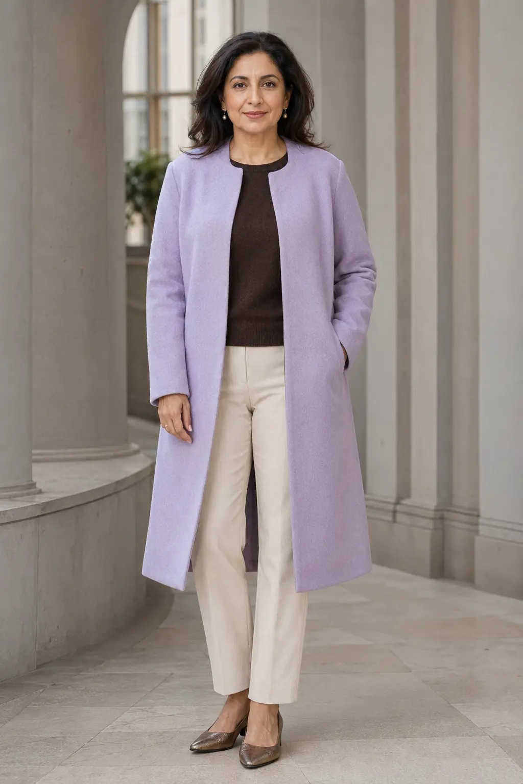 Lilac Coat and Ivory Tailored Trousers Outfit: lilac coat and ivory tailored trousers in lilac, ivory and plum.