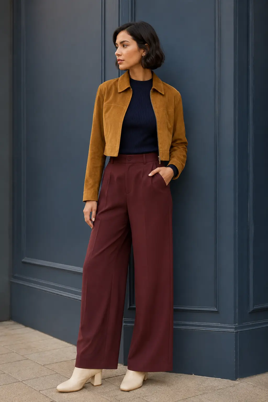 Mustard Blazer and Burgundy Wide-Leg Trousers Outfit: mustard blazer and burgundy wide-leg trousers in mustard, burgundy and navy.