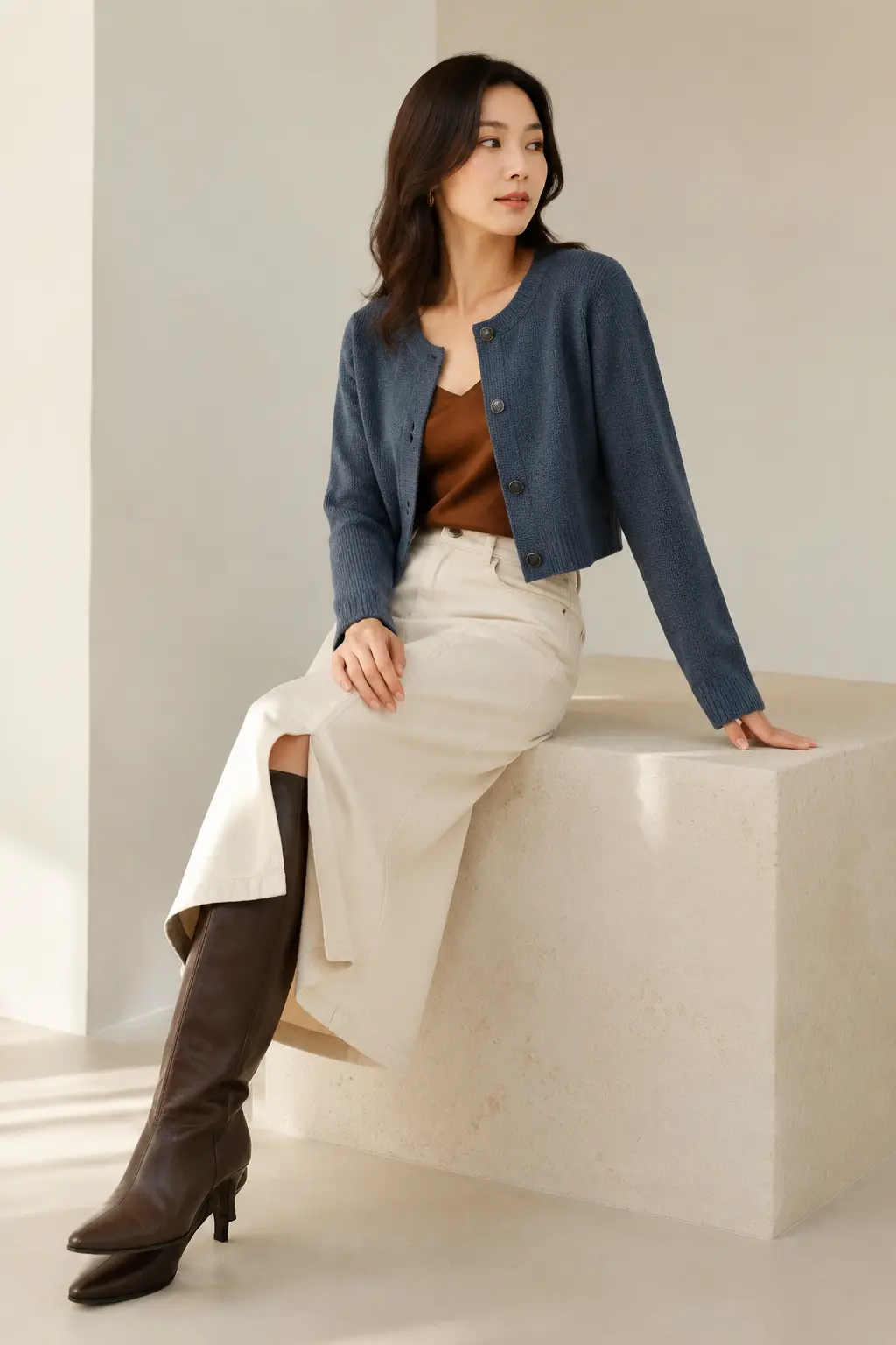 Slate Cardigan and Ivory Trousers Outfit: slate cardigan and ivory trousers in slate, ivory and brown.