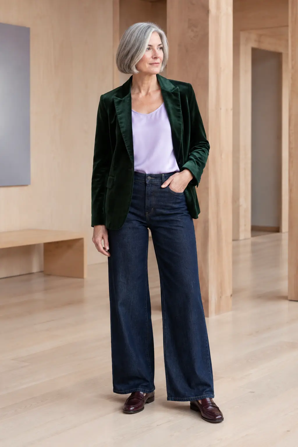 Forest Blazer and Navy Wide-Leg Trousers Outfit: forest blazer and navy wide-leg trousers in forest green, navy and ivory.