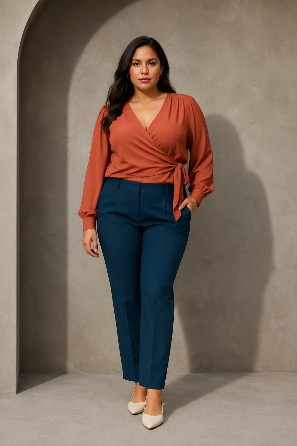 Coral Sweater and Teal Tailored Trousers Outfit: coral sweater and teal tailored trousers in coral, teal and white.