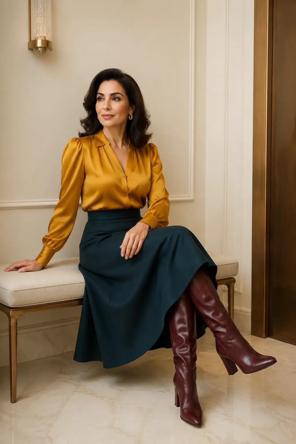 Mustard Blouse and Teal Midi Skirt Outfit: mustard blouse and teal midi skirt in mustard, teal and burgundy.
