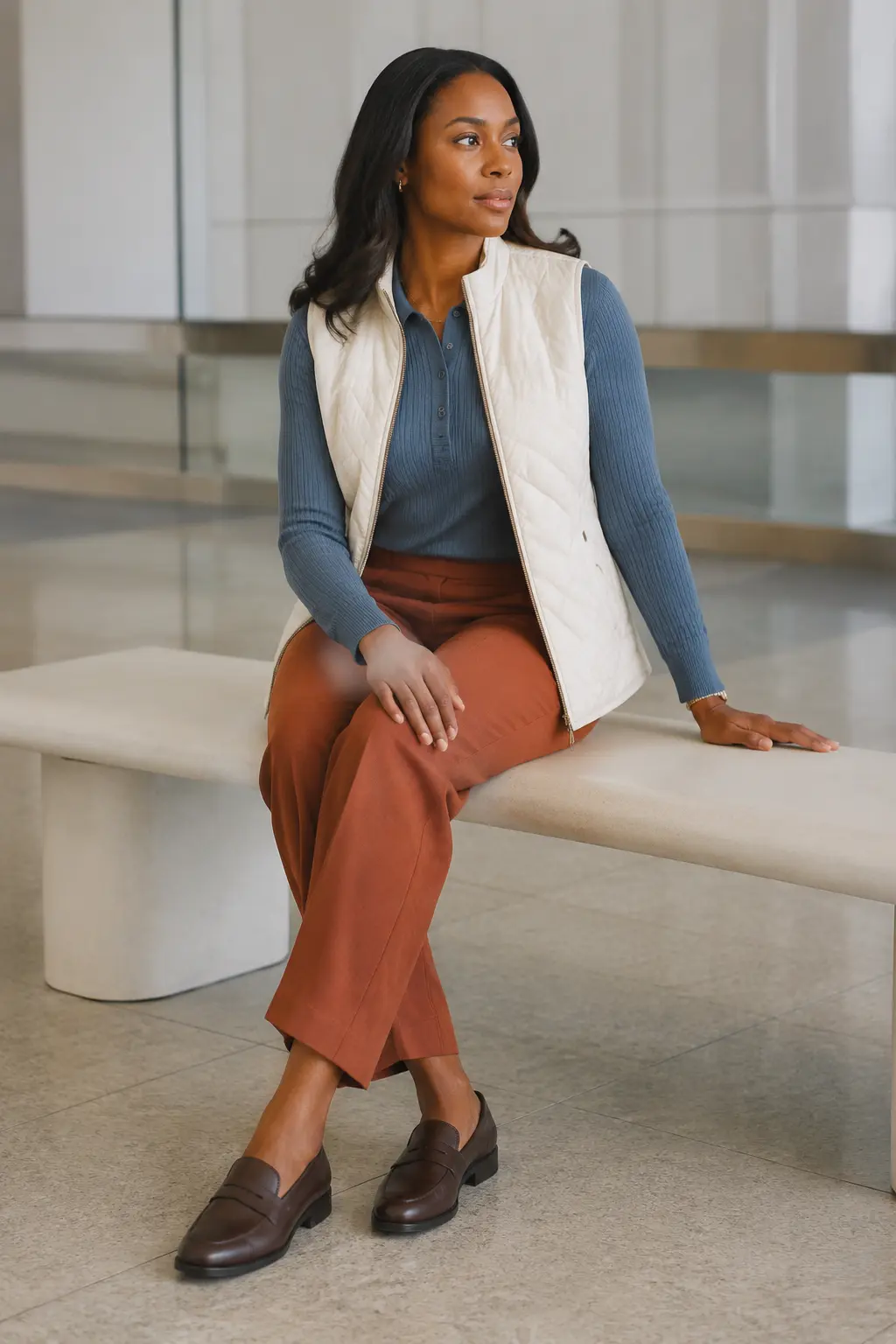Powder Blue Blazer and Rust Trousers Outfit: powder blue blazer and rust trousers in powder blue, rust and grey.