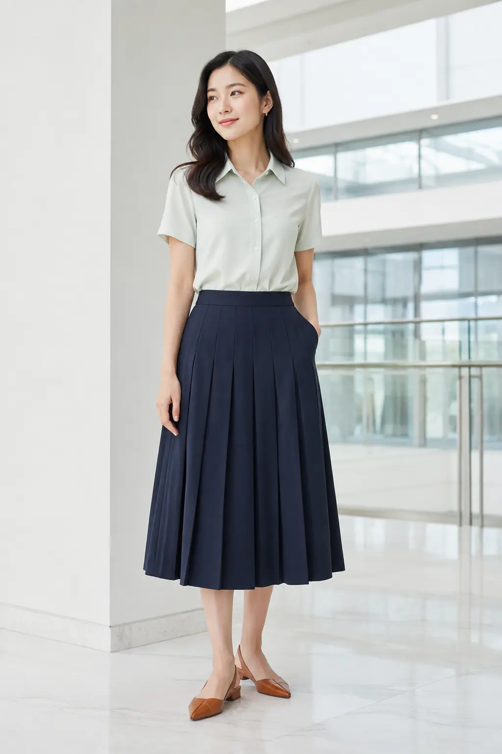 Ivory Blouse and Navy Pleated Midi Skirt Outfit: ivory blouse and navy pleated midi skirt in ivory, navy and tan.
