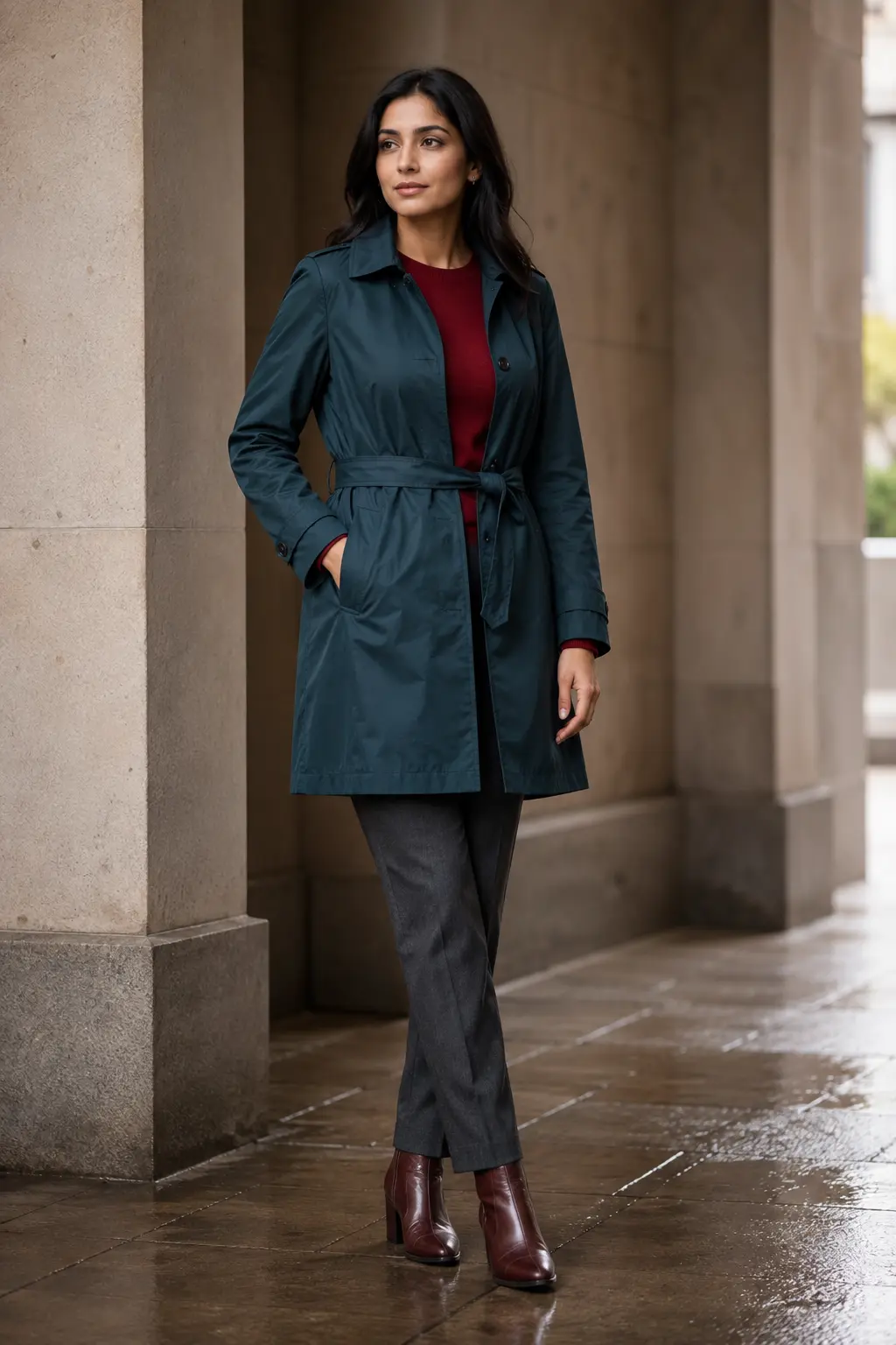 Teal Trench and Burgundy Ankle Boots Outfit: teal trench and burgundy ankle boots in teal, burgundy and navy.