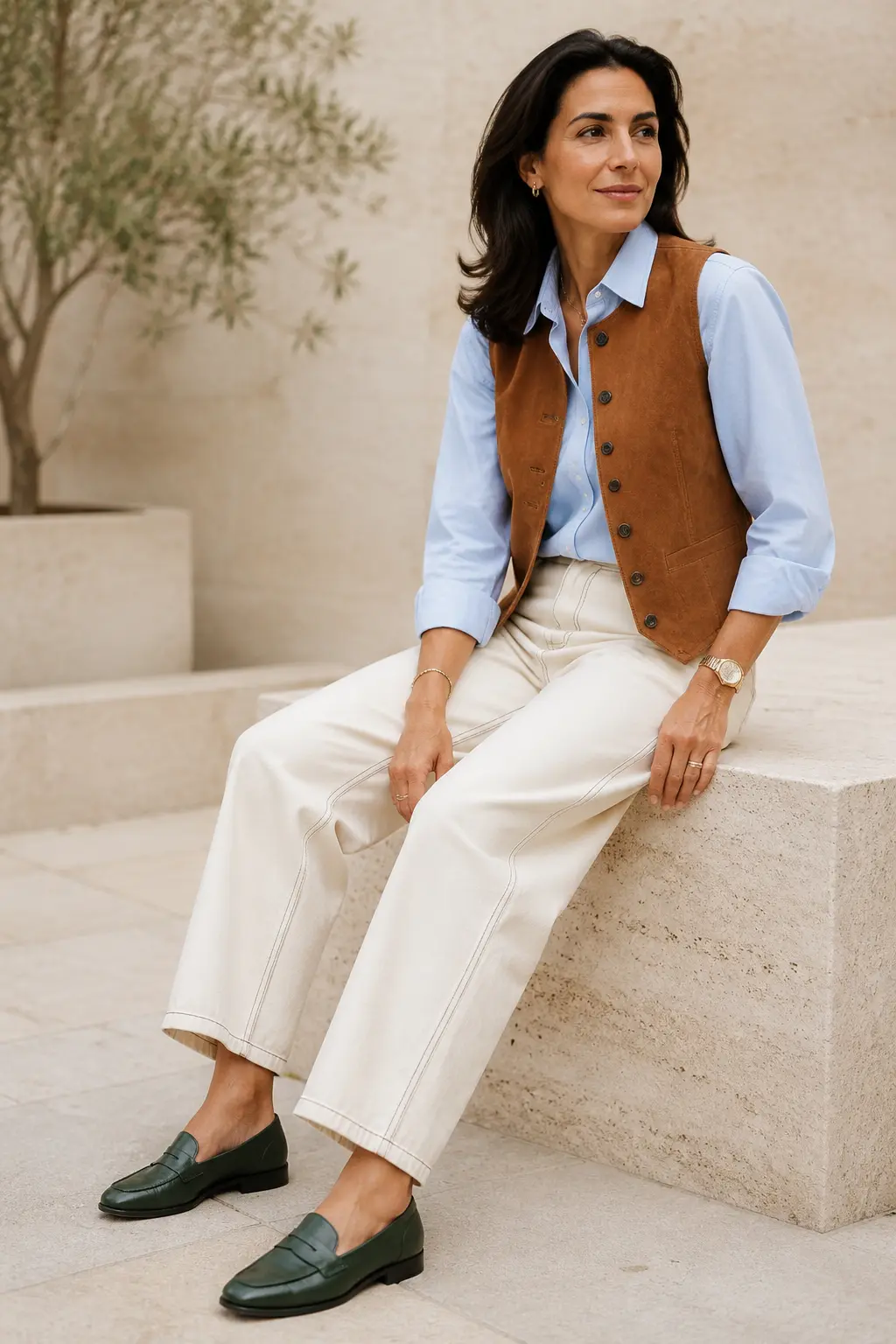 Powder Blue Shirt and Ivory Wide-Leg Trousers Outfit: powder blue shirt and ivory wide-leg trousers in powder blue, ivory and forest green.