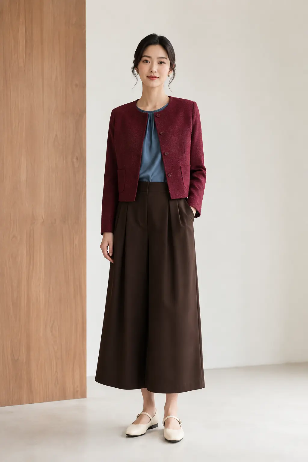 Burgundy Cardigan and Chocolate Midi Skirt Outfit: burgundy cardigan and chocolate midi skirt in burgundy, chocolate and ivory.
