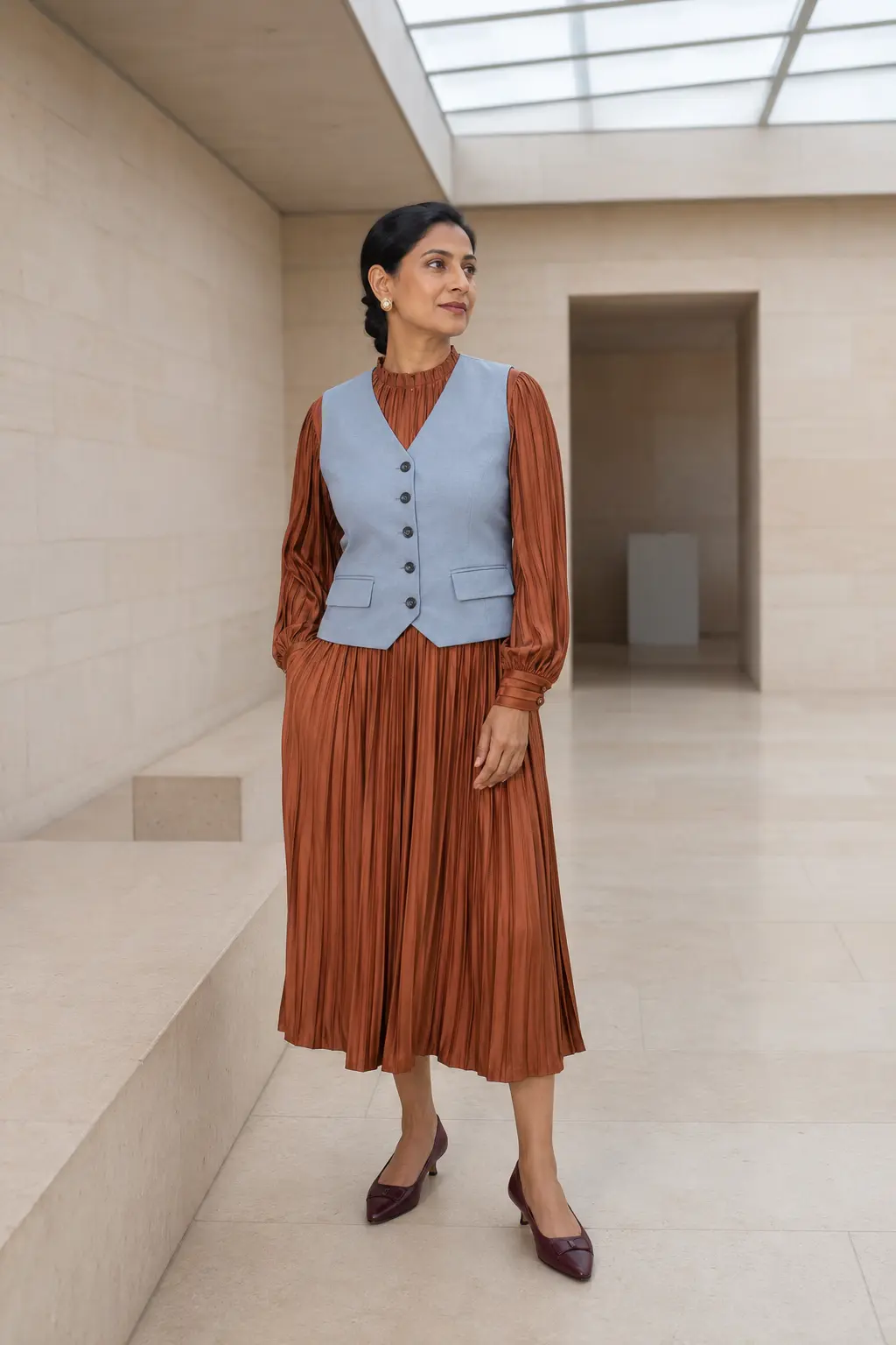 Powder Blue Vest and Rust Pleated Skirt Outfit: powder blue vest and rust pleated skirt in powder blue, rust and ivory.