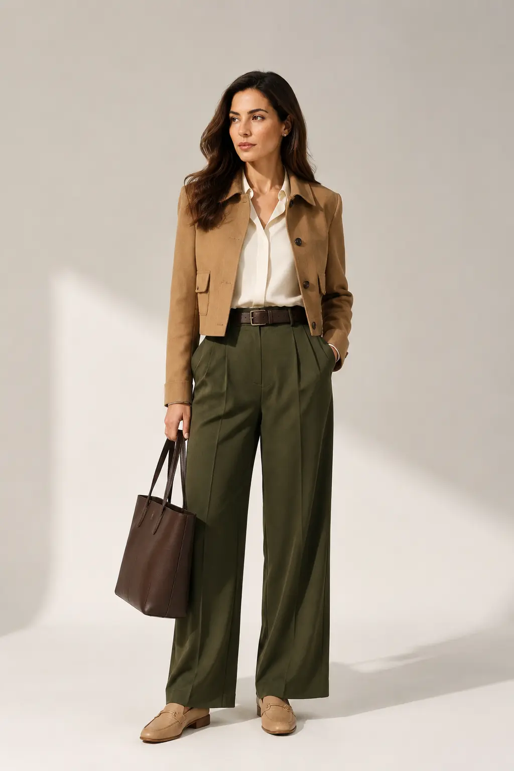 Olive Trousers and Camel Jacket Business-Casual Outfit: olive pleated trousers, cream blouse and cropped camel jacket in olive, camel and cream.