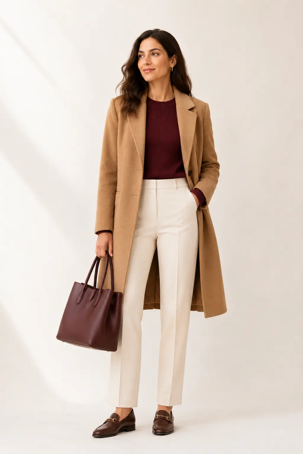 October Chocolate Blazer Work Outfit: chocolate blazer, ivory top and tailored trousers in chocolate, ivory and black.