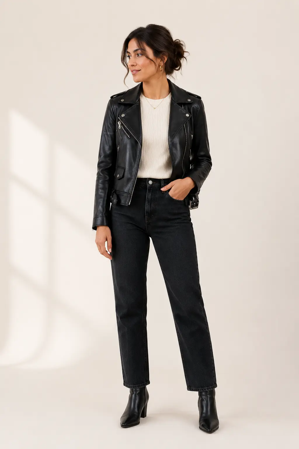 What to Wear with a Black Leather Jacket: black leather jacket and polished separates in black, cream and denim.