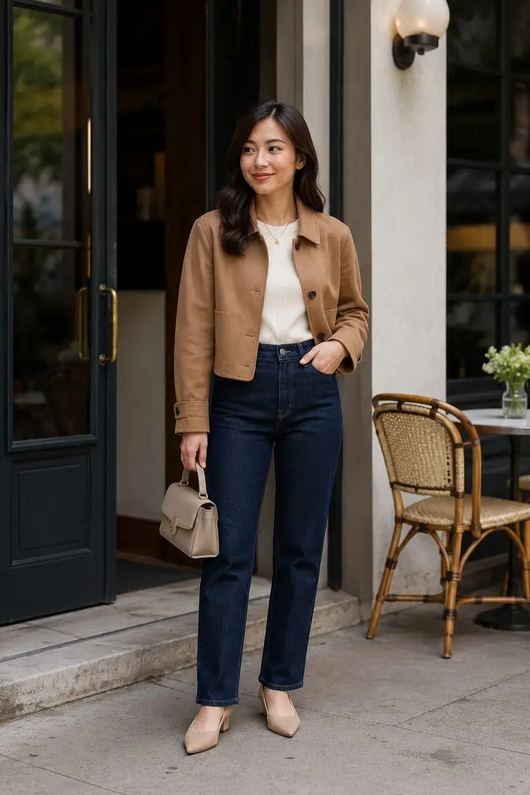 Petite model wearing a balanced outfit