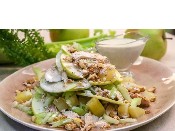 Waldorf salad with chicken and pineapple. Recipe photo