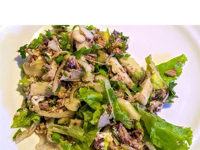Salad with canned tuna, avocado and pear. Recipe photo