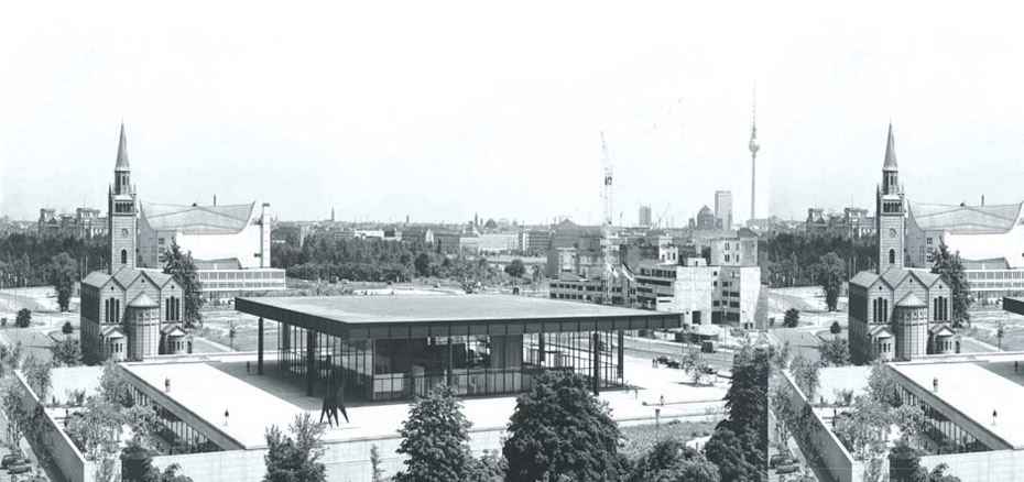 View of the exterior of the Neues Staatsgallerie, Berlin. Like most of Mies's other major buildings, his architecture sits deliberately separated from the city that surrounds it; elevated on a three-metre high plinth, and accessed by long, gentle steps, the museum is a perfect square - as idealised, iconic, geometry - assembled from the 20th century's two great, new building materials: glass and steel. Image forms part of the Hedrich Blessing Collection, 1991.0505. All Rights Reserved.