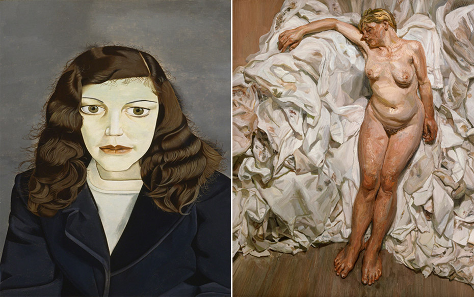 Left: Girl in a Dark Jacket, 1947 Private Collection © The Lucian Freud Archive. Right: Standing by the Rags, 1988-9 Tate: Purchased with assistance from the Art Fund, the friends of the Tate Gallery and anonymous donors 1990 © The Lucian Freud Archive.