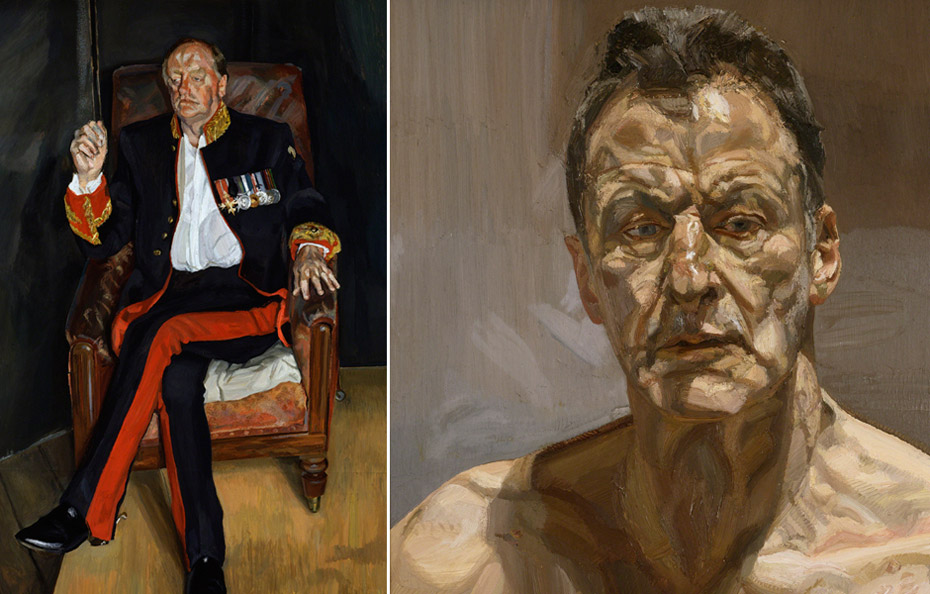 Left: The Brigadier, 2003-04 Private Collection © The Lucian Freud Archive. Photo: Courtesy Lucian Freud Archive. Right: Reflection (Self-portrait), 1985 Private Collection, Ireland © The Lucian Freud Archive. Photo: Courtesy Lucian Freud Archive