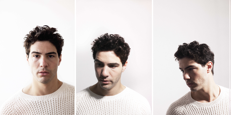 Tahar Rahim, triptych wearing a cotton coloured knitted cashmere jumper by Hermes