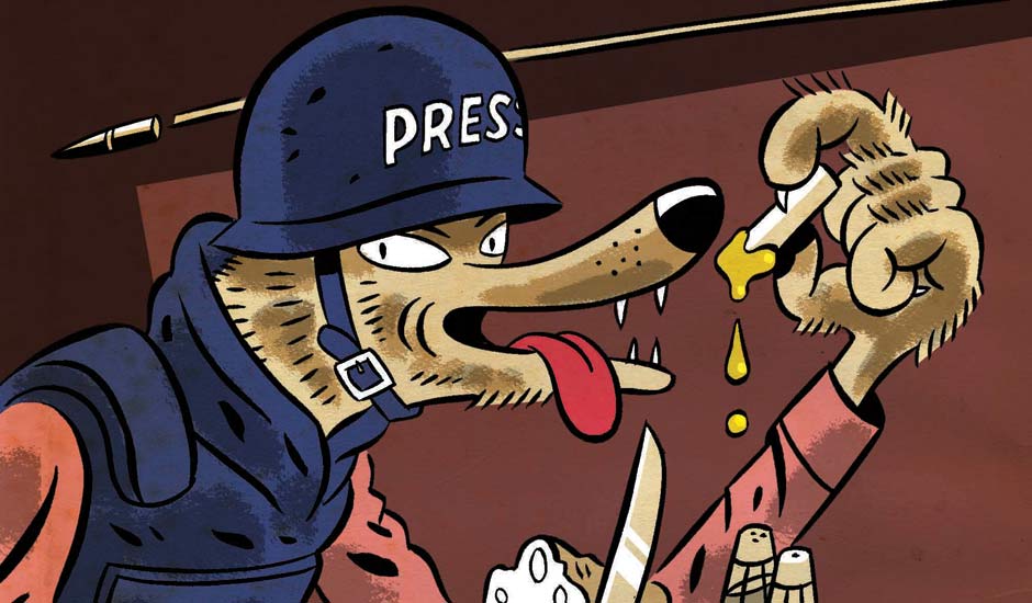 A member of the press - represented by a cartoon dog - eating fried eggs during the food shortages caused by the Bosnian civil war