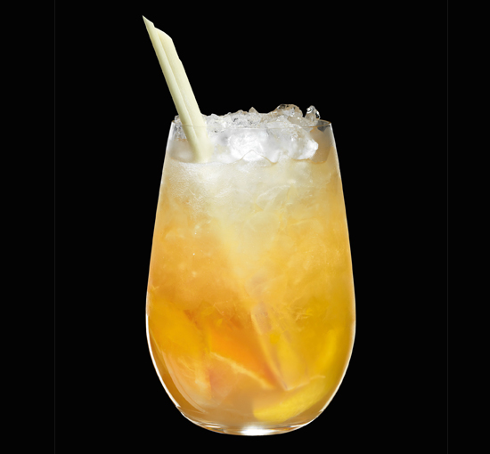 Mandarin Mule, served in a Collins glass with a stick of lemongrass to garnish