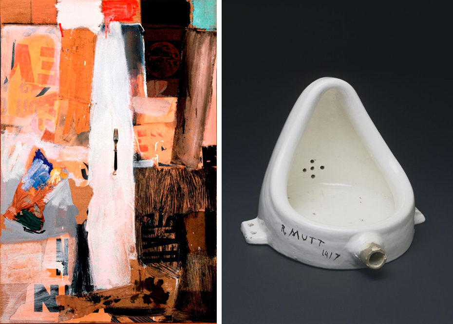 Left: Robert Rauschenberg, 'Bride's Folly', 1959. Private collection, copyright Robert Rauschenberg Foundation, DACS, London / VAGA, New York, 2013. Right: Marcel Duchamp, 'Fountain', 1950, (replica of 1917 original). Philadelphia Museum of Art, copyright Succession Marcel Duchamp 2013. ADAGP/Paris, DACs/ London