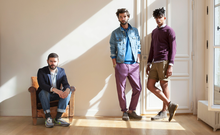 Collection overview AMI, Mr Porter - denim jacket, khaki shorts, stripy cashmere and check shirts