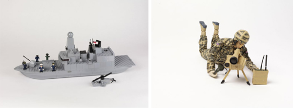 diptych: lego battle ship and right: british toy soldier