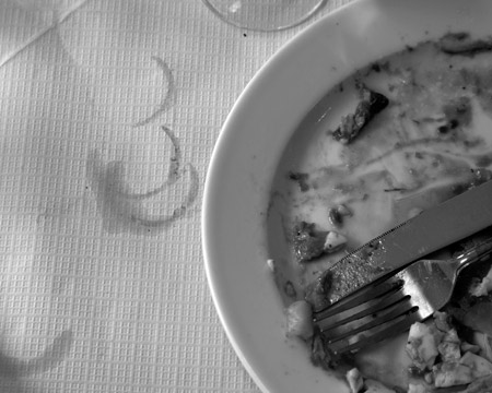 Black-and-white,-empty-plate-and-glass
