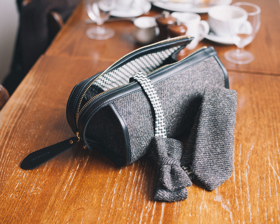 collaborative bag, tie and bow tie