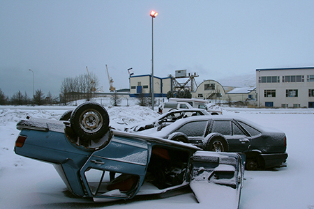 An upturned car