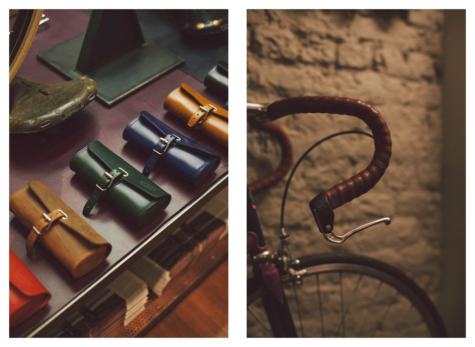 left, leather pouch, right, leather bicycle handles. Photography Jasper Fry