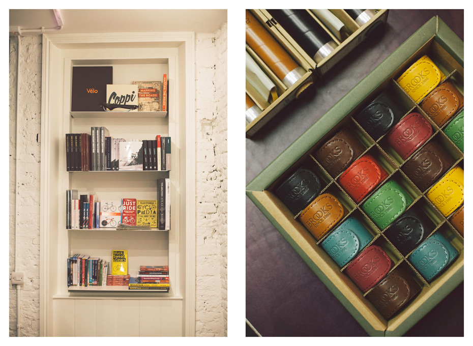 left Brooks' bookcase right leather accessories. Photography Jasper Fry