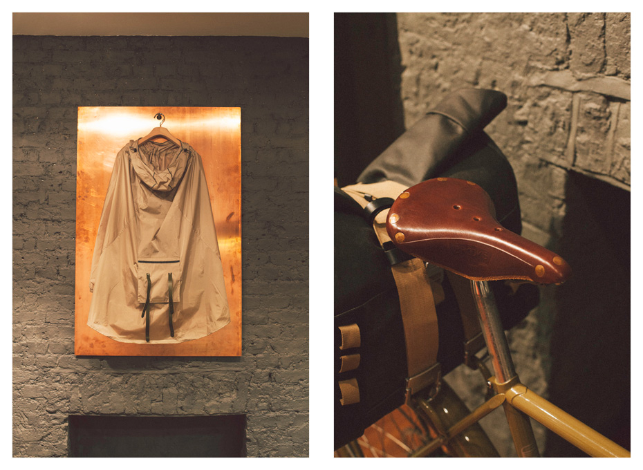 Brooks mens cycling jacket and traditional leather seat. Photography Jasper Fry